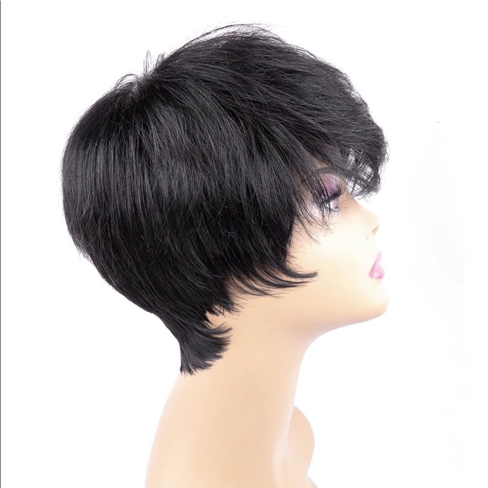 New Short Black Human Hair Blend Cosplay Wig